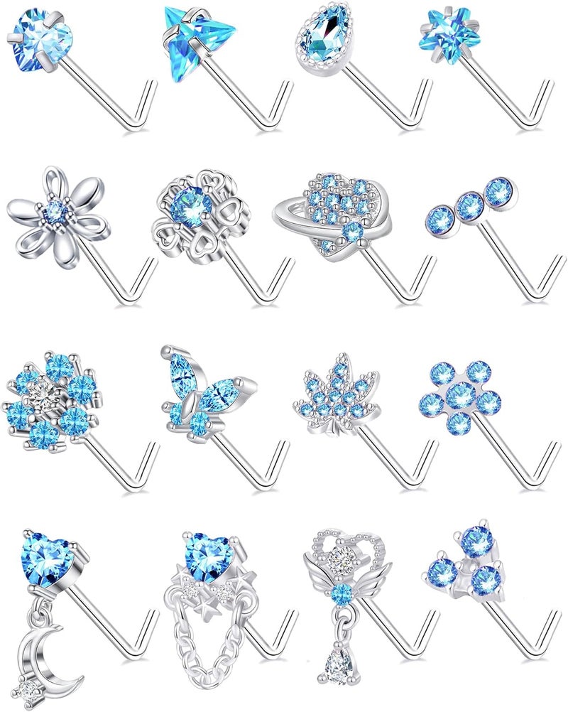 Tornito 16Pcs Nose Rings L Shaped Nose Stud Stainless Steel Butterfly Flower Leaf Heart Moon Dangle Nose Stud Ring Body Piercing Jewelry for Women Men 20G Pink Blue Clear CZ - Image 1